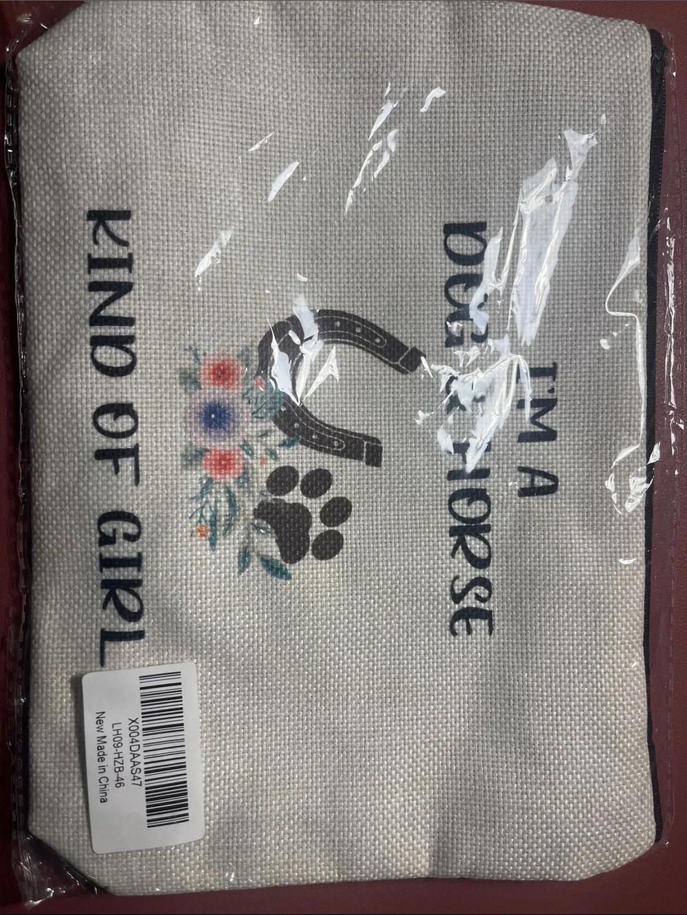 Beige Canvas Cosmetic Bag - Cute Paw & Horseshoe Design